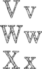 black and white letters V W X  with curly pattern
