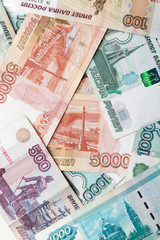 Russian money background. Rubles banknotes close-up photo textur