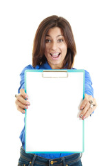 Surprised business woman hold white blank paper