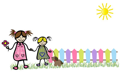 Niñas felices y su perro.