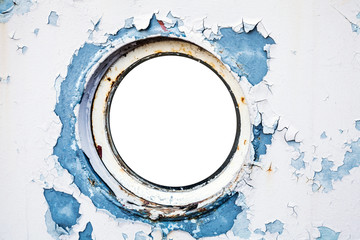 Empty round porthole in white and blue ship wall