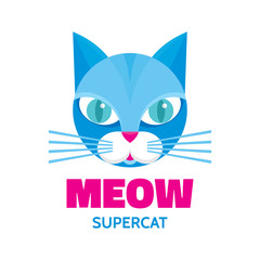 Meow - supercat - vector concept illustration. Blue cat animal.