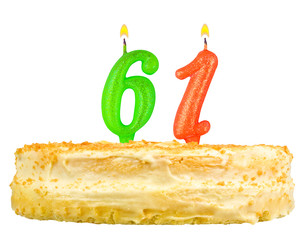 birthday cake with candles number sixty one isolated on white