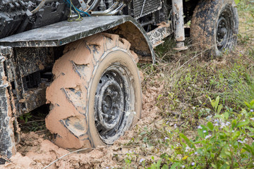 Fototapeta na wymiar Car's wheels in mud in the forest
