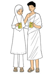 Muslim pilgrims in white traditional clothes