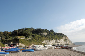 Fototapeta na wymiar Fishing boats on beach at Beer in South Devon