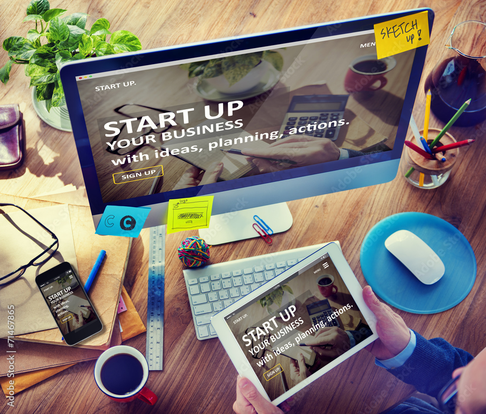 Poster man planning to startup business with computer