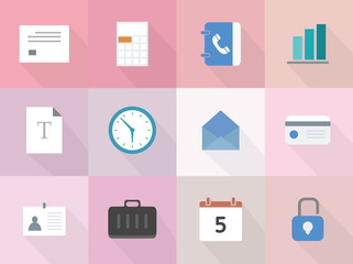 Vector set of 12 flat business icons with long shadow