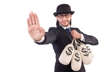Man with sacks of money isolated on white