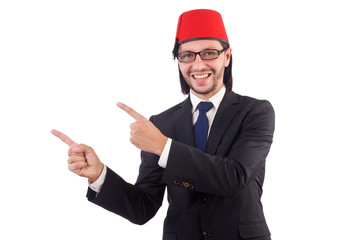 Businessman wearing fez hat isolated on white