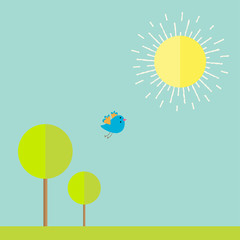 Sun, sky, tree, grass, bird. Summer landscape in flat design