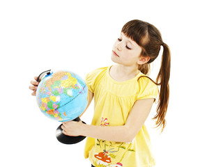 Fototapeta premium Girl looking at a globe on white background