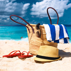 Beautiful beach with bag at Seychelles