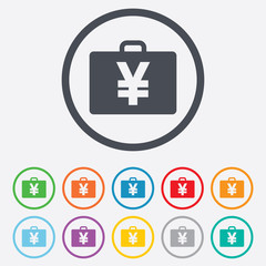 Case with Yen JPY sign. Briefcase button.