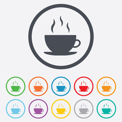Coffee cup sign icon. Hot coffee button.