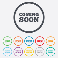 Coming soon icon. Promotion announcement symbol.