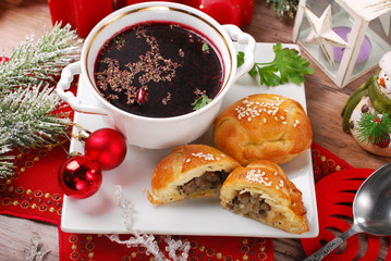 red borscht and pastries for christmas eve