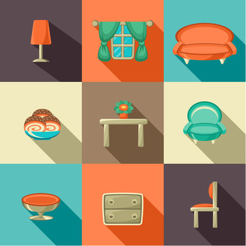 Flat icons with household objects.