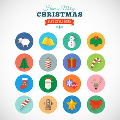 Flat Style Christmas Vector Icon Set With Gift Box Santa Candle