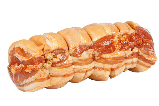 Isolated Left View of Uncooked Rolled Pork Roast on White