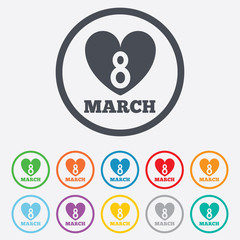 8 March Women's Day sign icon. Heart symbol.