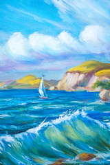 Sailing boat in the sea. Oil painting.