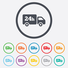 24 hours delivery service. Cargo truck symbol.
