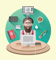 Hipster working at his desk vector