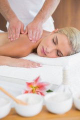 Fototapeta na wymiar Woman receiving shoulder massage at spa center
