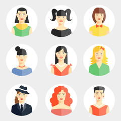 Beautiful young woman faces in flat style