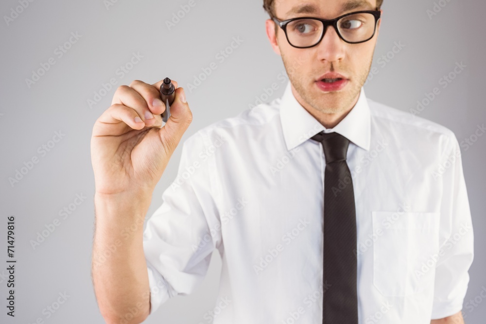 Poster geeky businessman writing with marker