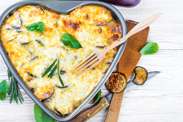 Greek Moussaka of eggplant and minced meat with olive oil.