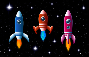 Three brightly colored rockets in outer space