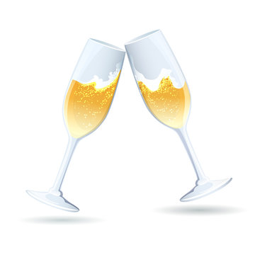 Two flutes of golden bubbly champagne