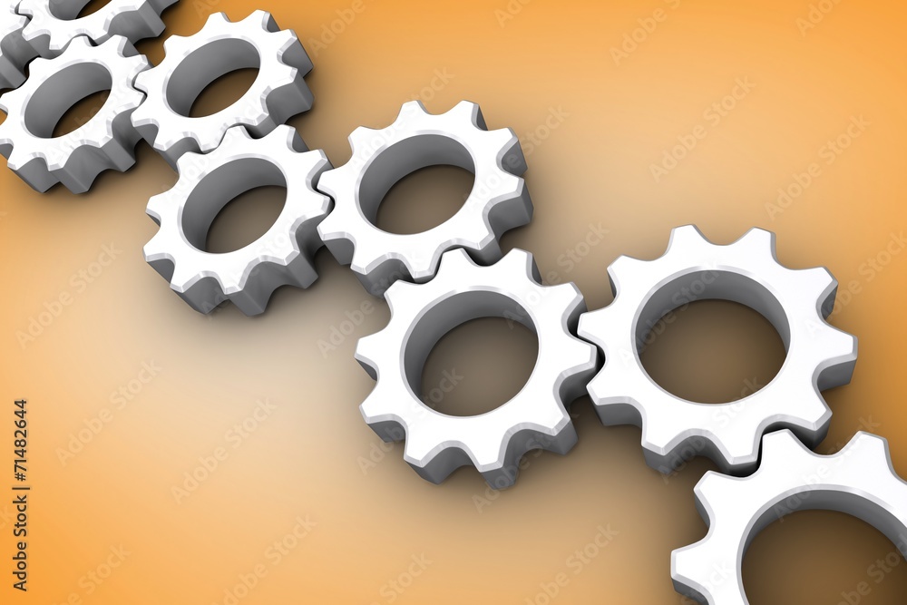 Poster Composite image of many white cogs and wheels