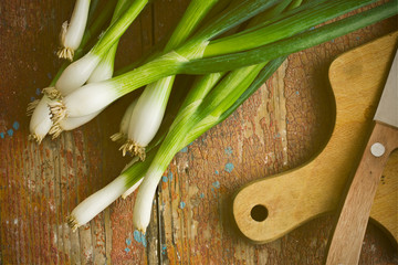 spring onion on old wooden table