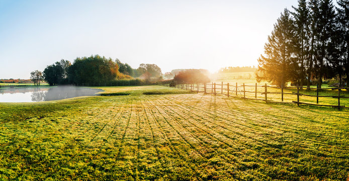 Fototapeta Sunrise over misty grassland    