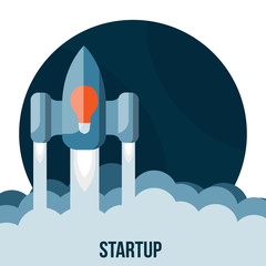 Space rocket flying in sky, startup