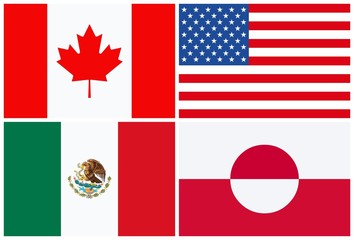 North American flags, Canada, USA, Mexico, Groenland