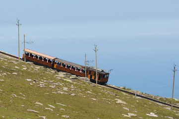 Naklejka premium La Rhune cog train. Antique wooden train in France