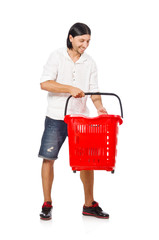 Man shopping with supermarket basket cart isolated on white