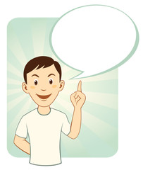 Gesturing cartoon man with big speech bubble