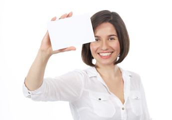 Beautiful woman showing a blank signboard