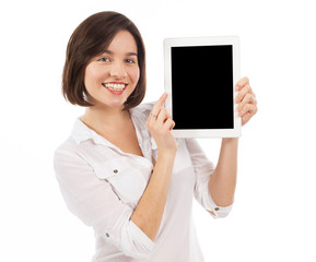 Pretty brunette showing a digital tablet