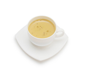 Coffee cup and saucer on a white background.