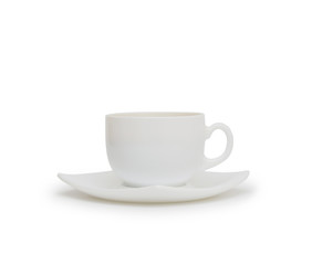 Coffee cup and saucer on a white background.