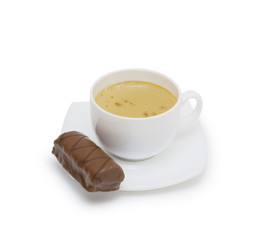 Coffee cup and saucer on a white background.