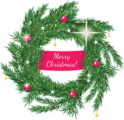 Christmas wreath with greeting on the ribbon