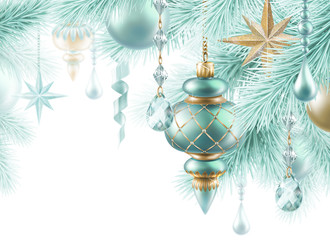 Christmas background, hanging balls and stars ornaments