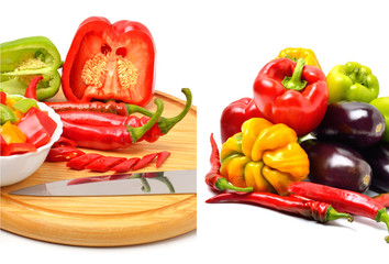 Sweet pepper, chili pepper on the board with a knife